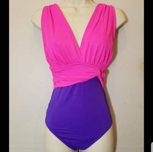 VTG CATALINA SWIMSUIT VINTAGE HOT PINK PURPLE DEEP V POOL BEACH BARBIE SEXY 90'S